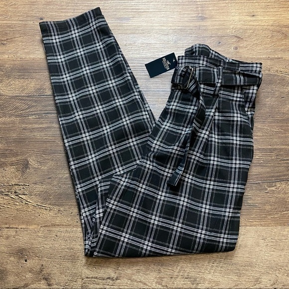 NWT Hollister Ultra High Rise belted tailored pants in black and white check - Picture 1 of 7